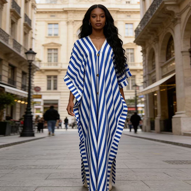 Cross-Border New 2026 Summer Striped V-Neck Long Dress European and American Casual Loose Dress African Plus-Size Fashion Long Dress