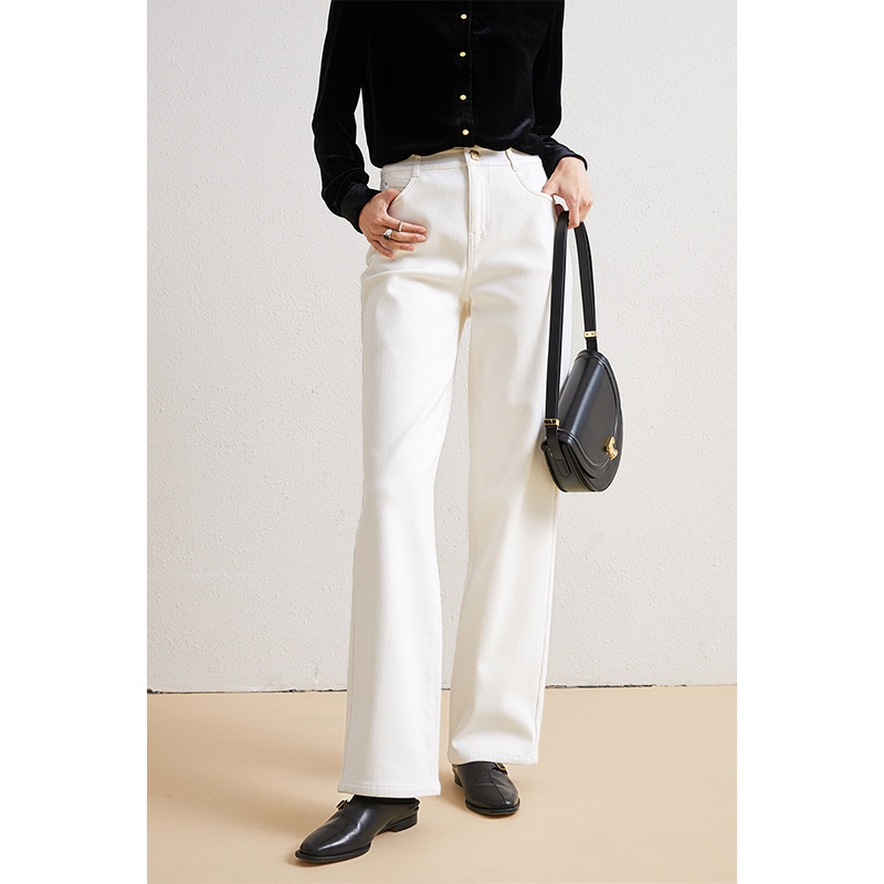 Changdx Lucky Four-Leaf White Cow Encrypted Fleece-Lined Thickened Autumn and Winter Vibe White Jeans