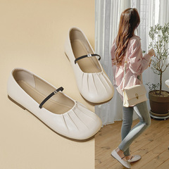 復古圓頭褶皺軟皮奶奶鞋一字扣帶瑪麗珍鞋女鞋子百搭軟平底單鞋女