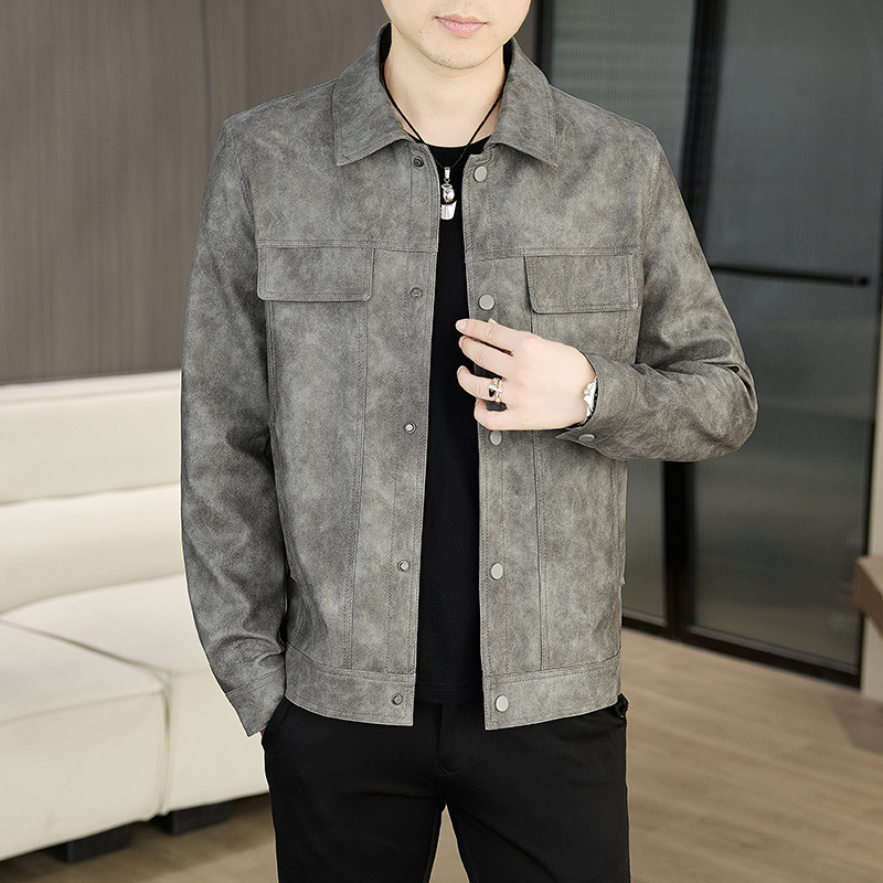 Elegant designer-style men's autumn and winter trendy top item: turn-down collar military-style biker jacket, exquisite and simple, slim fit, trendy and cool Elegant designer-style men's autumn and winter trendy top item: turn-down collar military-style biker jacket, exquisite and simple, slim fit, trendy and cool