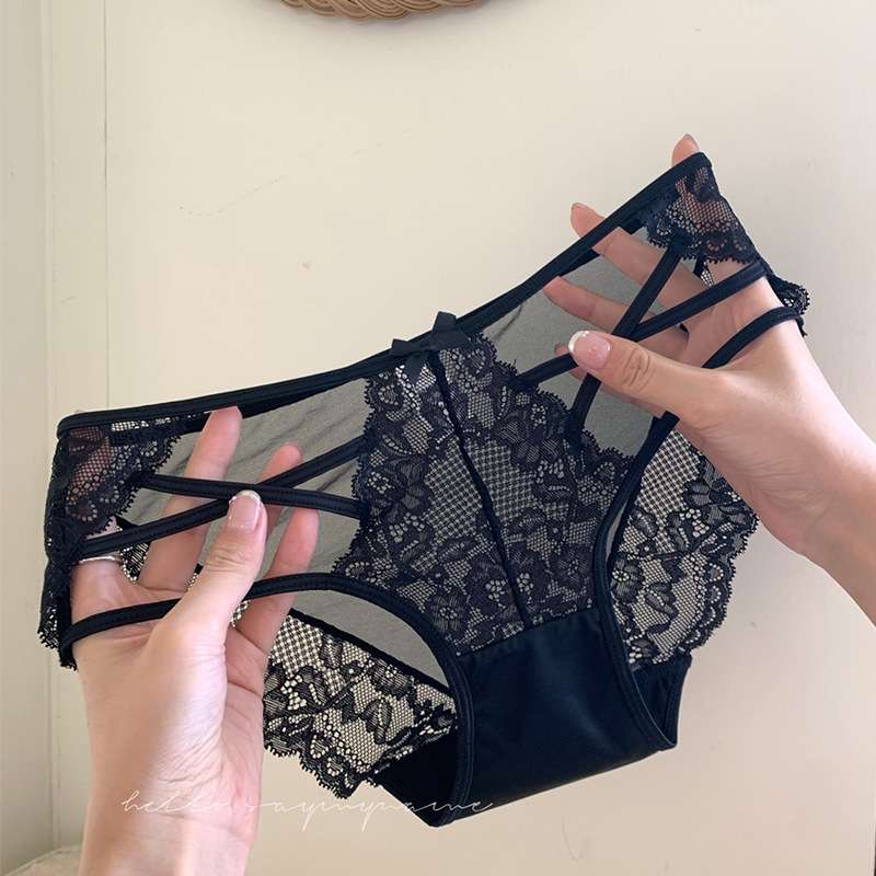 Deeply in Love ~ French Cut Out Cross Strap Design Pure Lust Lace Mesh Panties for Women with Mid-Waist and Hip-Hugging Women