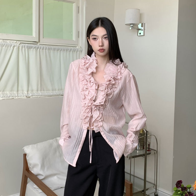 Women's Shirt with Unique Design, Ruffled Edges, Court Style, Transparent Long Sleeves, Age-Reducing, Casual, Sun-Protective, V-Neck Top for Summer