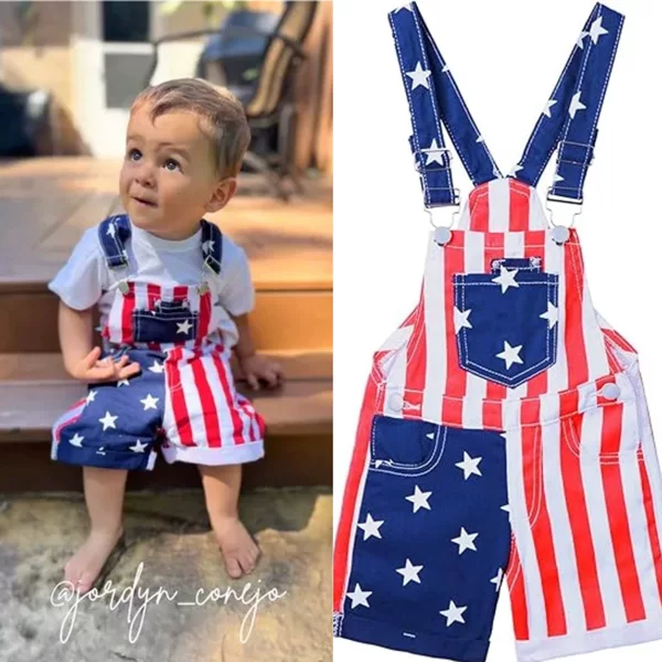 European and American children's clothing summer children's independence day color contrast suit new boys and girls short sleeve T-shirt stars striped strap