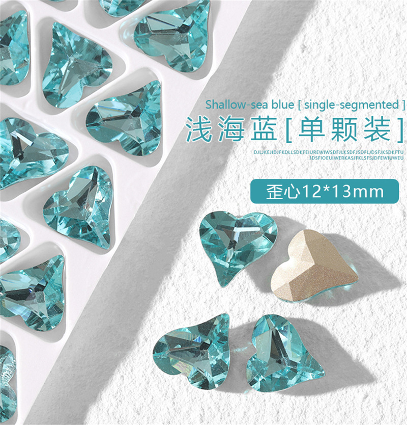 K9 cristal diamante arte de uñas luz mar azul puntiagudo fondo especial en forma de diamante oval torcido melocotón corazón ángulo recto grasa cuadrada joyería de uñas de vidrio
