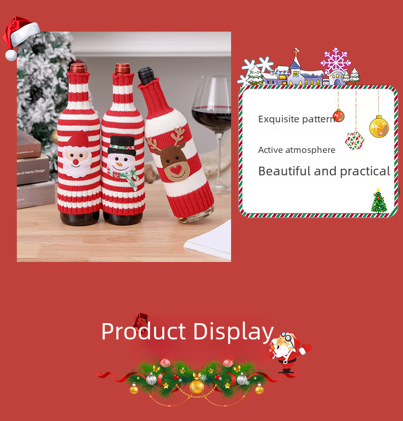 Neu Weihnachtsschmuck Wolle Acryl Gestrickte Gestreifte Weinflasche Set Elch Schneemann Wein Champagner Flasche_voghion.com