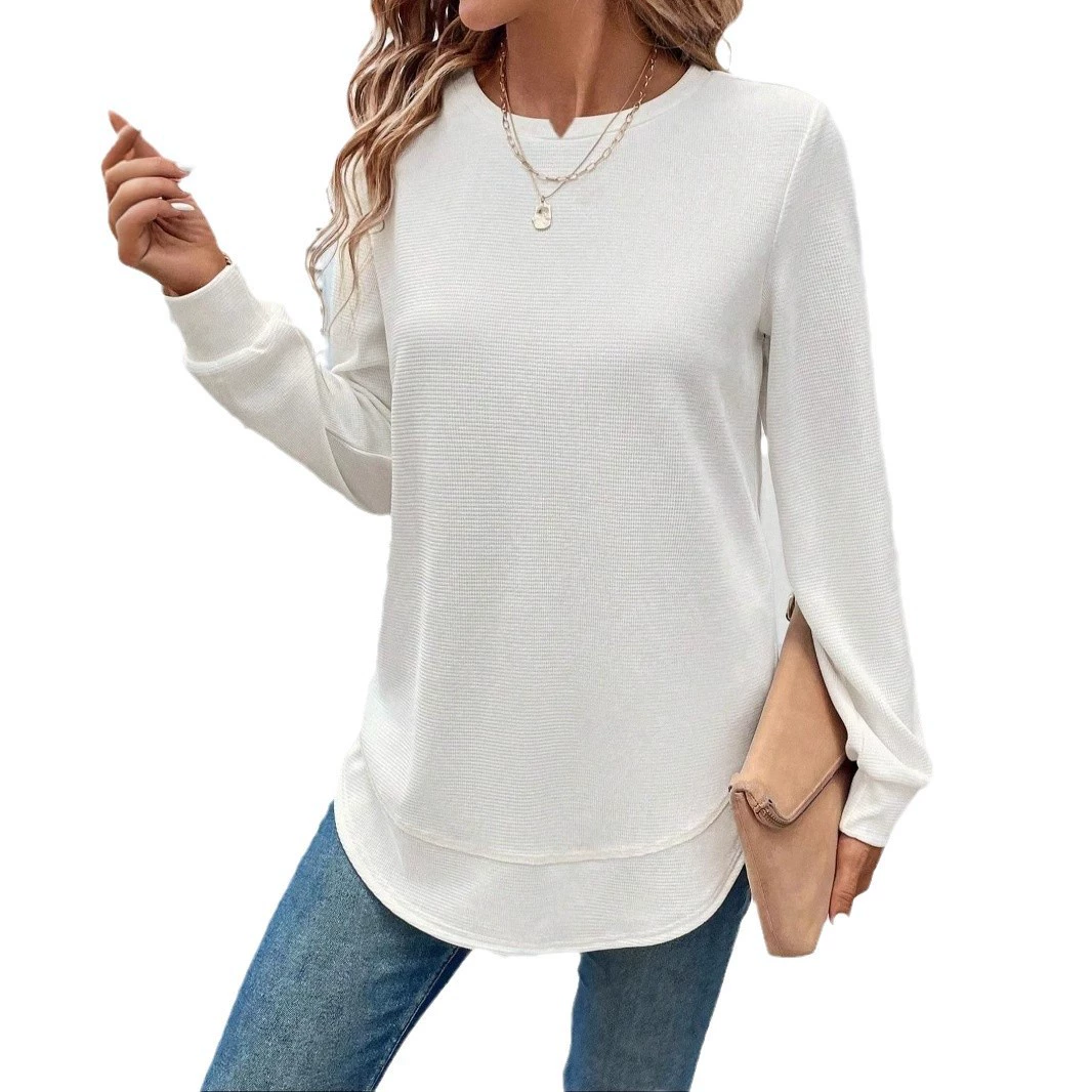 Spot cross-border Amazon women's basic asymmetric hem waffle check casual and comfortable sweatshirt