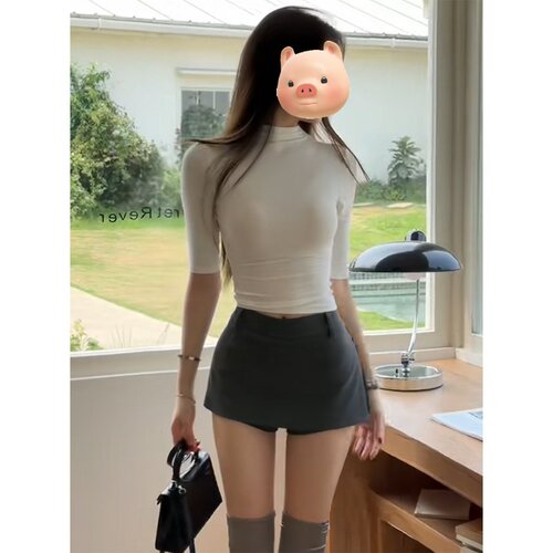 Semi-high collar and medium-sleeve T-shirt slim new style white hot girl short women's inner spring and summer top to look slim