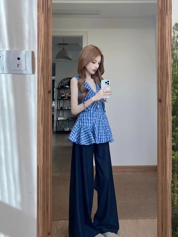 韓国スタイルのホルターネック V ネックノースリーブキャミソール女性の夏の新しいウエストデザイン気質チェック柄シャツトップ|undefined