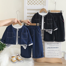 女童纯色牛仔小香风三件套装儿童花边春装宝宝春季洋气时髦批发