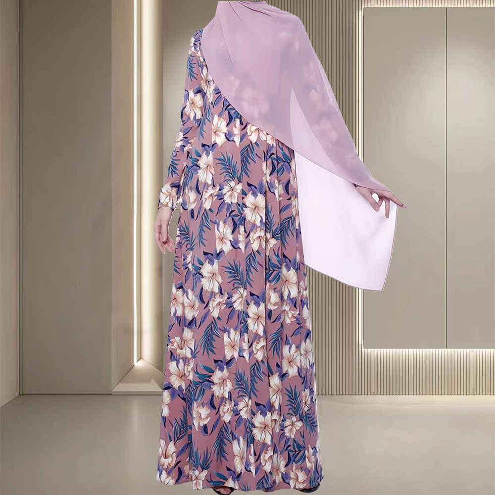 Tropical Floral Maxi Dress – Modest Long Sleeve Scarf Wrap Dress For Middle Eastern Fashion Breathable Shield_ecoleips.com