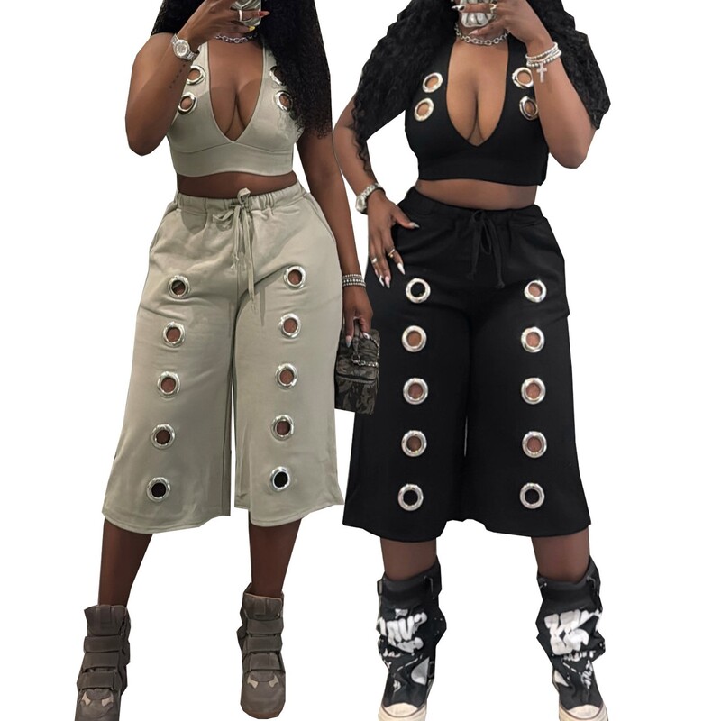Cross-Border European and American Amazon Foreign Trade Hot Girl Style Metal Ring Hollow-Out Vest Tie-Up Wide-Leg Cropped Pants Casual Set