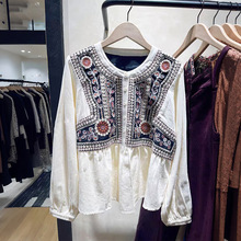 法式小众 2025秋冬波西米亚风刺绣灯笼袖圆领假两件套头衬衫25964