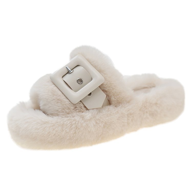 Pelzige Hausschuhe für Damenoberbekleidung, schwangere Frauen, große Hausschuhe mit dicken Sohlen, Gürtelschnalle, Plüsch, Ein-Wort-Baumwollhausschuhe_voghion.com