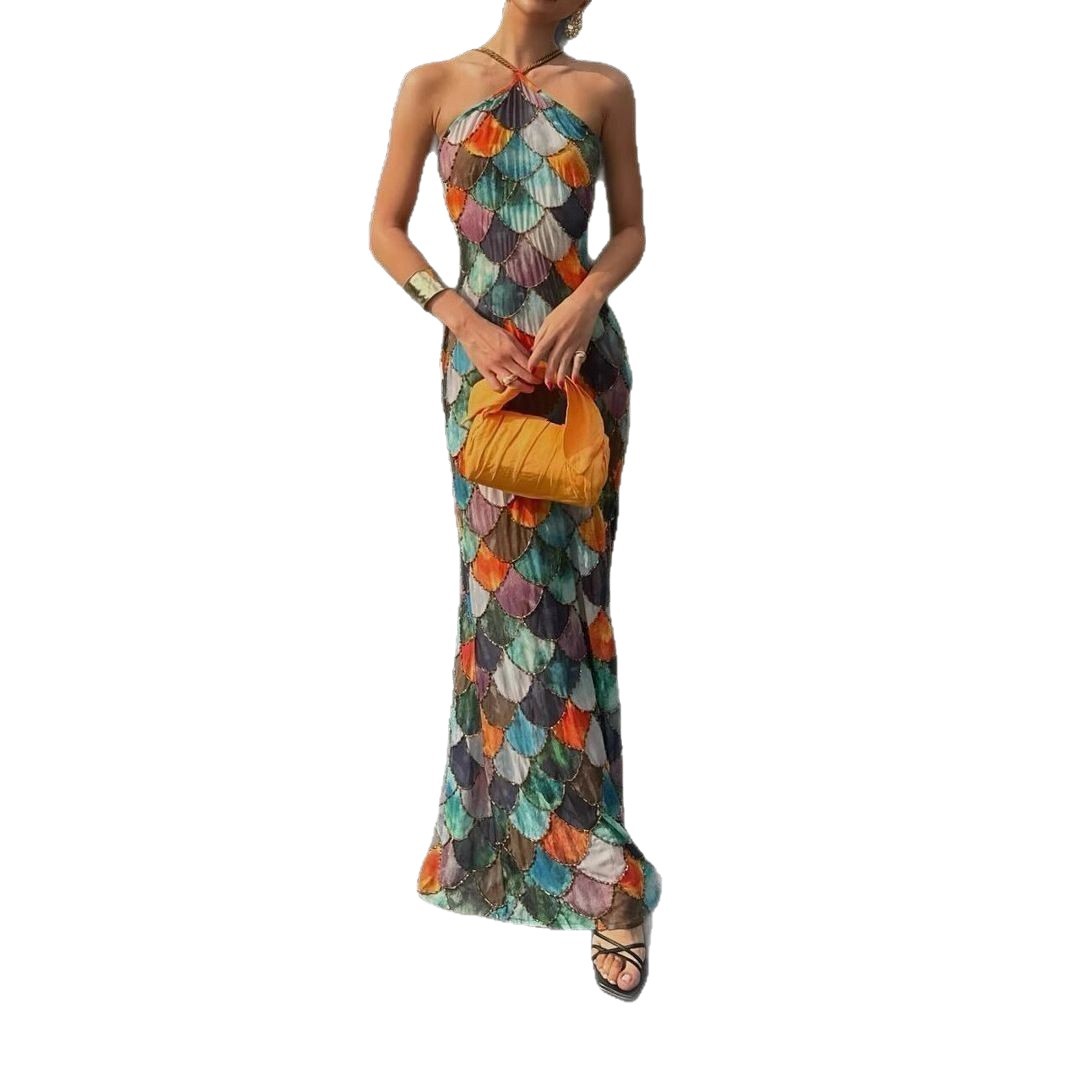 Women's Clothing Summer Women's Printed Dress Halter Neck Color Block Long Sleeveless Fashionable Elegant Sexy Women's Clothing_ecoleips.com