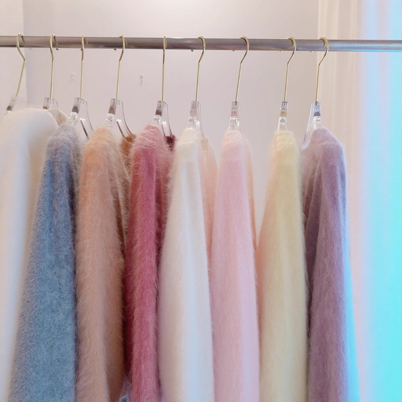 Hanyuan Apparel/Wool Fleece Light Pink Pullover V-Neck Base Sweater Long Fluffy Soft Cloud-Like