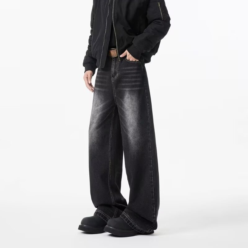 Men's Vintage Washed Denim Jeans Slightly Flared Wide-Leg Cat Whisker Detailing High-Street Style Cleanfit Black Blue (S-3XL)_mkmklike.com