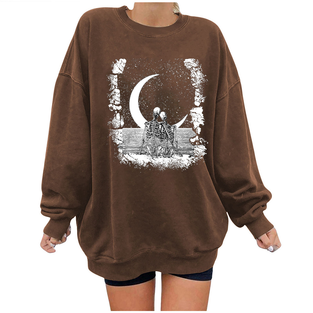 Halloween Skull Print Brushed Shoulder Long Sleeve Sweater Round Neck Women's Casual Top Unisex_voghion.com