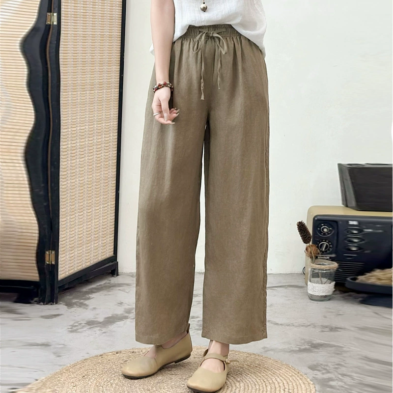 Летние сплошные льняные широкие брюки женские 2025 новые длинные тонкие повседневные брюки с высокой талией