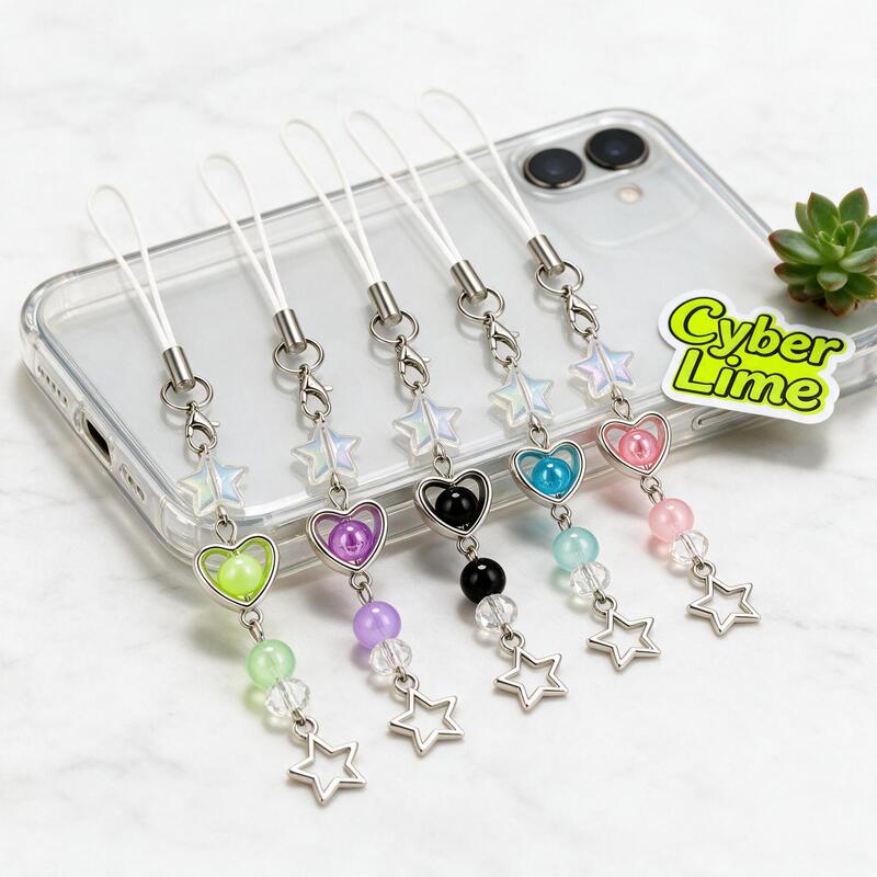 Cross-border European and American original girly Japanese and Korean Y2K sweet girl style hollow heart beaded iridescent star phone chain pendant Cross-border European and American original girly Japanese and Korean Y2K sweet girl style hollow heart beaded iridescent star phone chain pendant