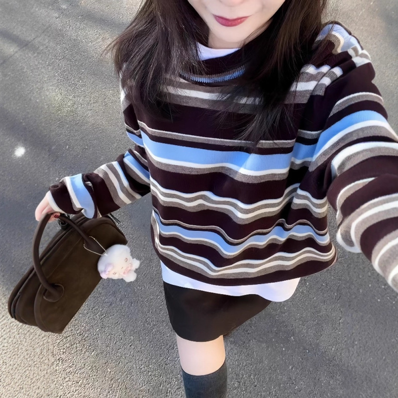 法式复古撞色条纹长袖毛衣女秋季独特超好看设计感宽松针织上衣潮|undefined