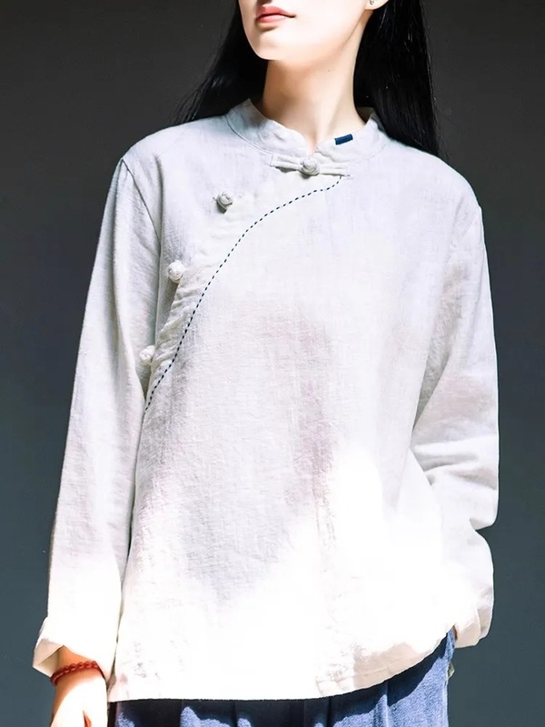 綿とリネンのレトロなスタンドカラー長袖レディース2025春秋新作中国茶服ボタンプルオーバートップ長袖Tシャツ|undefined