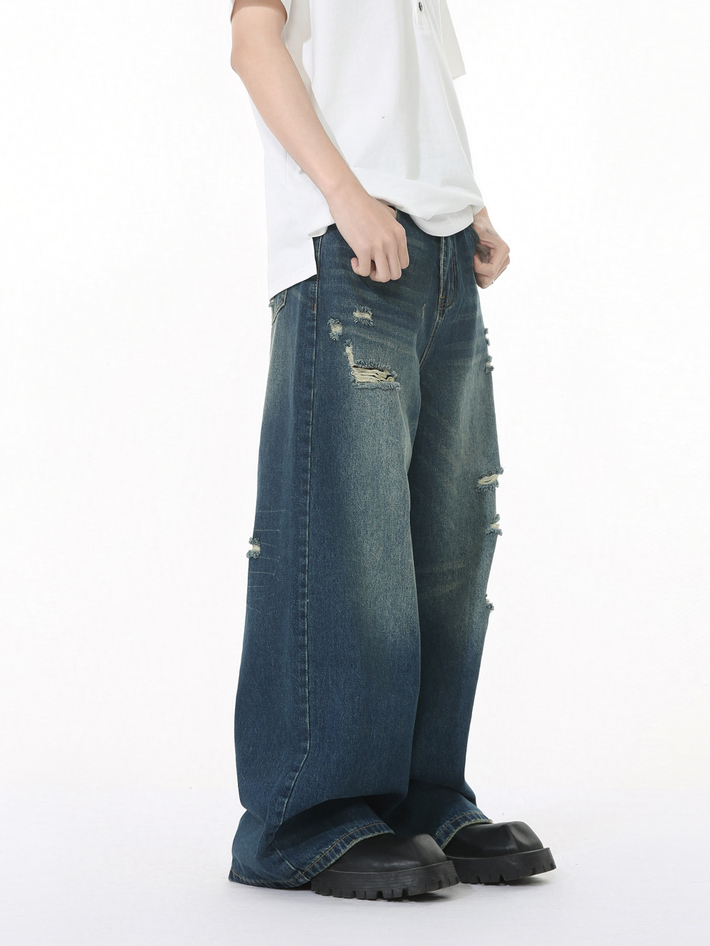 MTLCLOTHES Hombres| Nuevo estilo coreano High Street Cleanfit blanco pulido hace viejos agujeros de piernas anchas jeans de moda