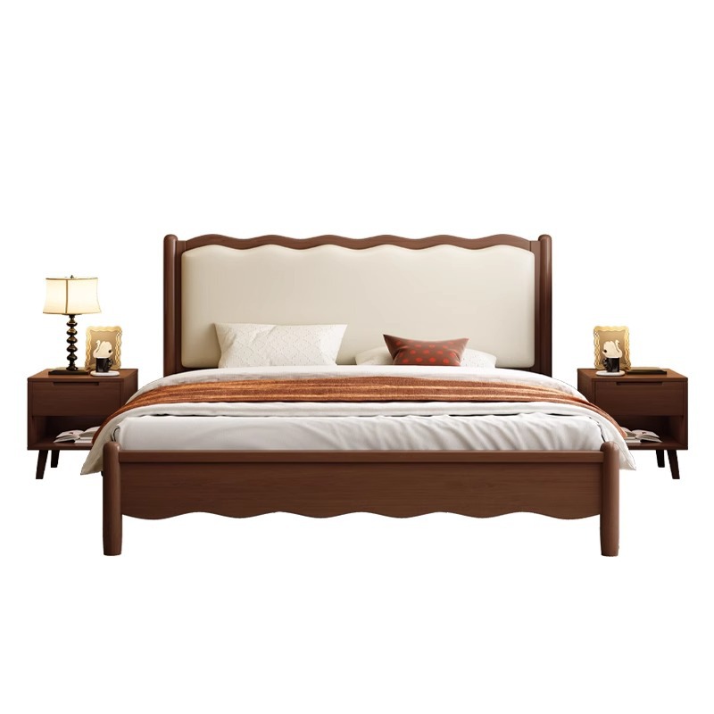 Cama de madera sólida, cama doble retro nórdica, cama ondulada de 1.8m, cama de aire medieval, cama francesa, cama principal simple y suave.