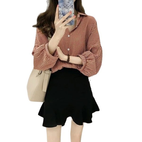 2025 Spring and Autumn New Women's Hong Kong Style Loose BF Lantern Sleeve Checkered Shirt Women's Long Sleeve Top Blouse Outerwear Trend