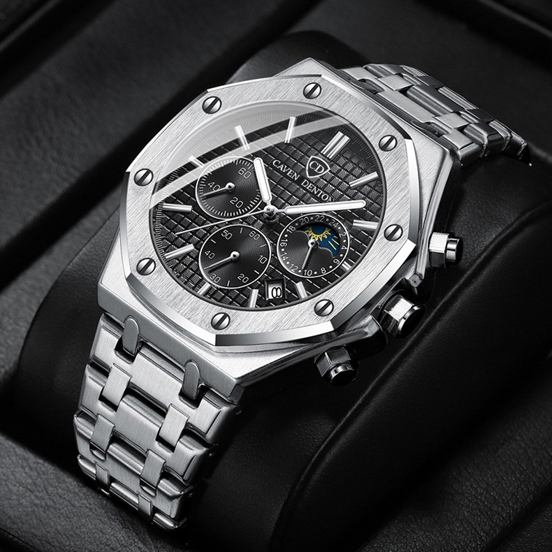 Waterproof high-end three eye six pin moon phase steel strip multifunctional men's watch_voghion.com