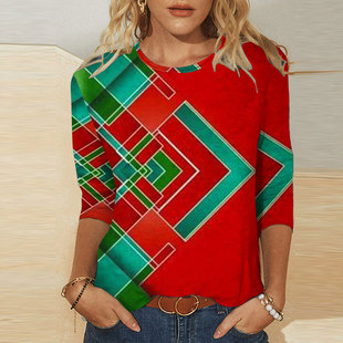 2024 foreign trade new women's geometric figure Non-positioning digital printing round neck 3/4 sleeve t-shirt can be customized