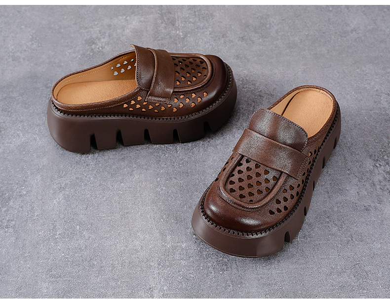 Sandal nữ đế dày da bò thật, mũi bít lỗ, gót thấp đi hè — Màu nâu chi tiết 11