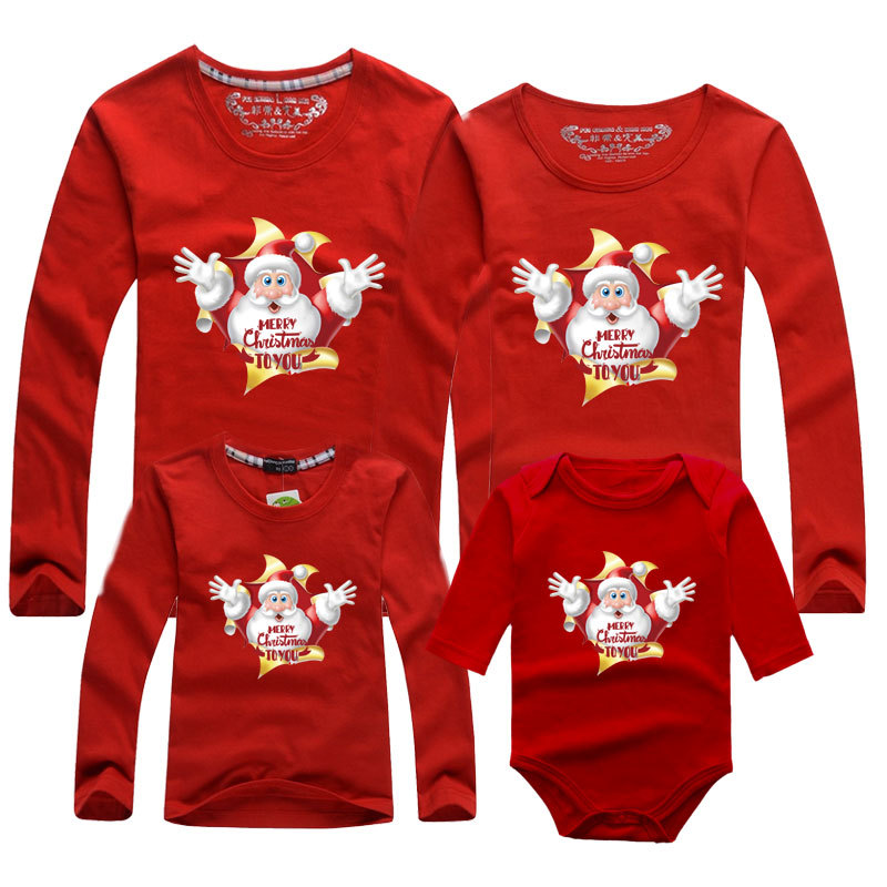 Rojo Santa Claus camisa de manga larga tocando fondo nuevo padre-niño ropa de los niños mono cuello redondo de los hombres y las mujeres de manga larga Camiseta