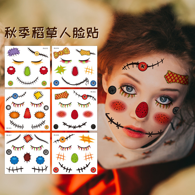 Cross-Border Hot Selling Halloween Autumn Scarecrow Funny Face Stickers Scar Makeup Tattoo Stickers Waterproof Tattoo Cross-Border Hot Selling Halloween Autumn Scarecrow Funny Face Stickers Scar Makeup Tattoo Stickers Waterproof Tattoo
