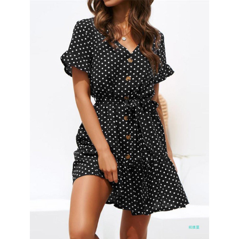 여성 여름 해변 쉬폰 원피스 캐주얼 짧은 소매 폴카 크로스