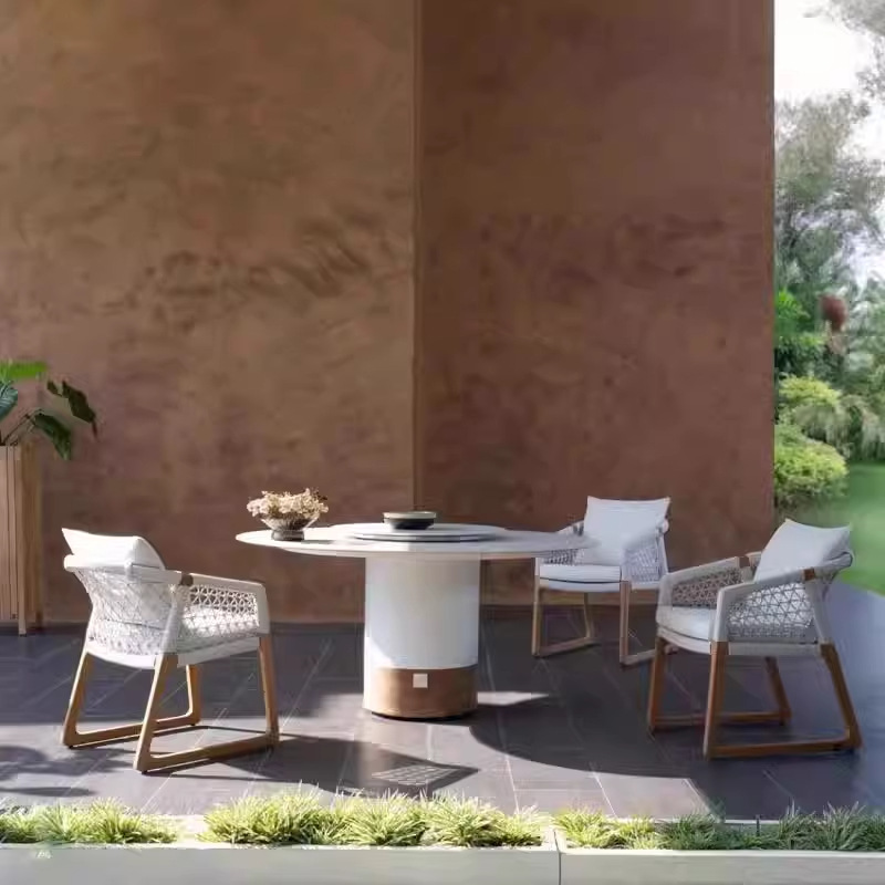 Sofá nórdico de teca al aire libre combinación de villa balcón al aire libre silla de caña ocio jardín al aire libre cuerda tejida muebles de madera maciza