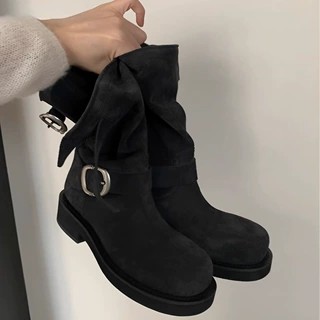 超软牛皮复古马丁靴女2026新款机车靴西部牛仔靴粗跟圆头堆堆短靴