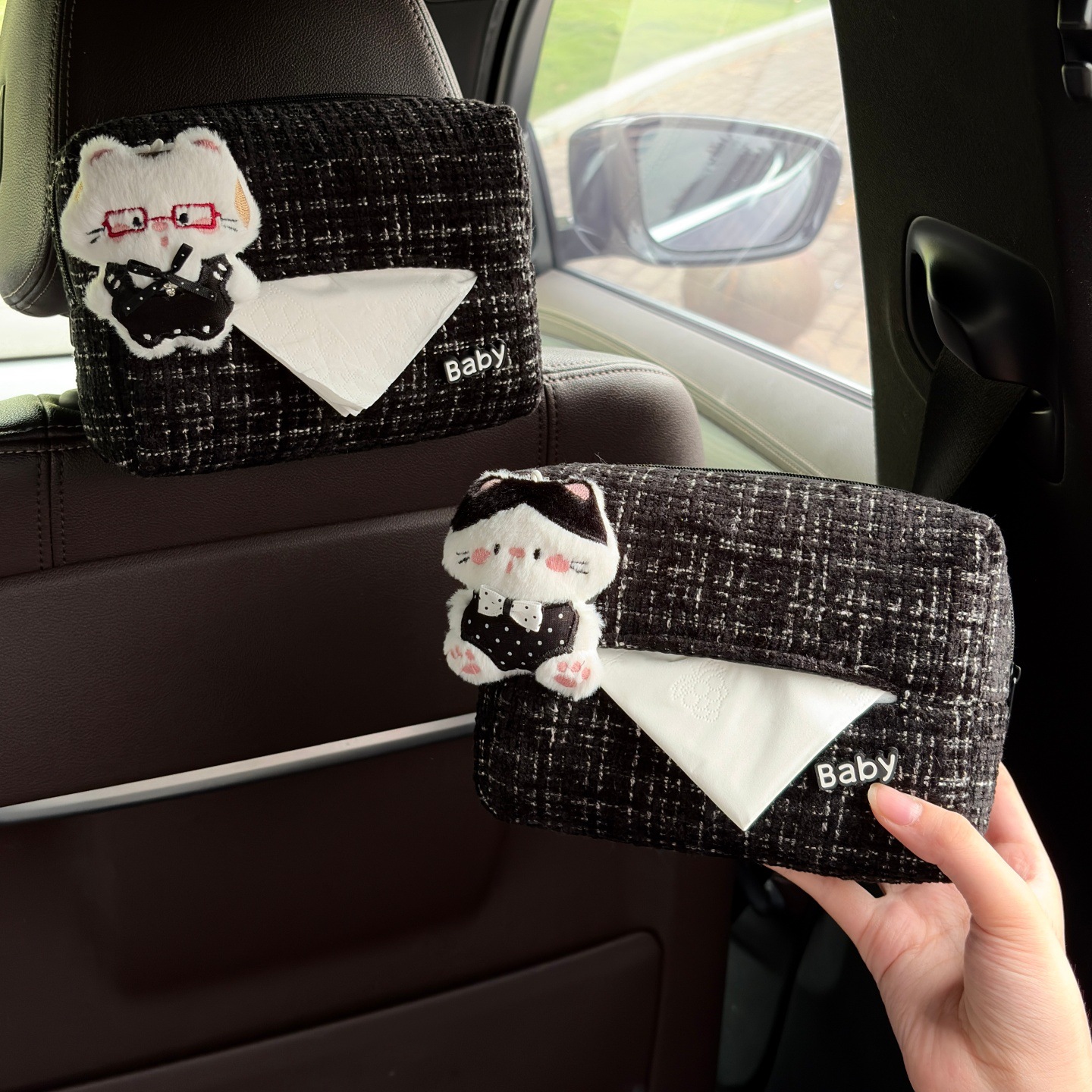Cute cat car-mounted tissue box, hanging creative cartoon tissue box for women, high-end car tissue hanging bag