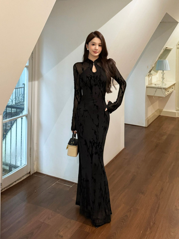 伊莉雅植绒立体面料新中式连衣裙女 高级感改良版旗袍长裙XS25223|undefined