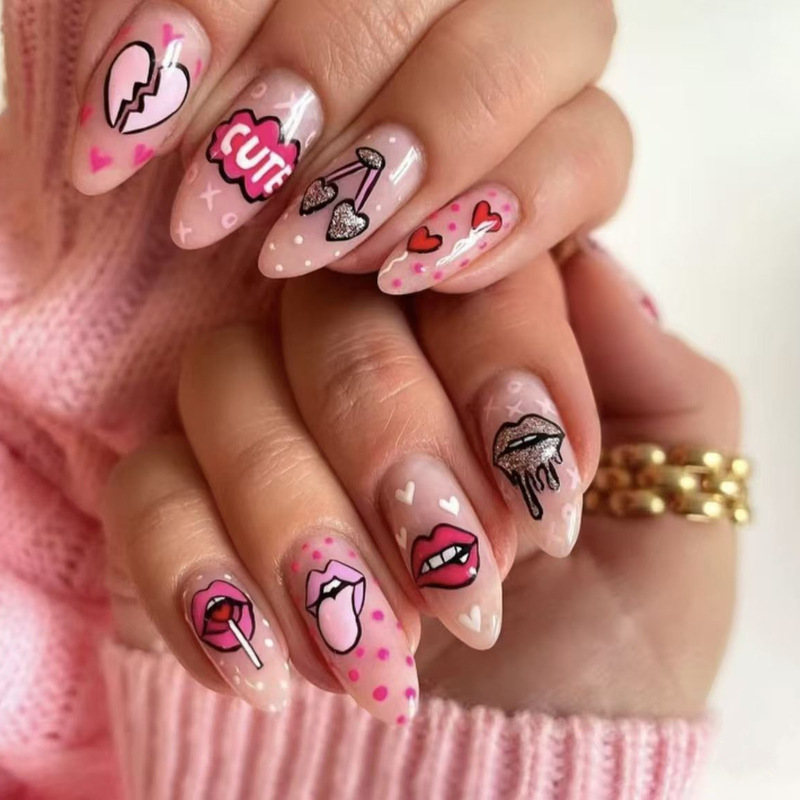 Cross-Border Supply American Art Manicure Sexy Lips Fake Nail Stickers Love Cherry Cute Cartoon Flash Manicure