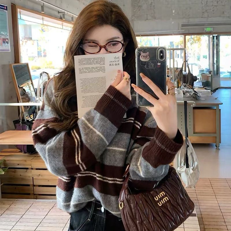 Korean-style French color-blocked women's romantic preppy striped polo-neck pullover knit sweater, loose long-sleeve sweater Korean-style French color-blocked women's romantic preppy striped polo-neck pullover knit sweater, loose long-sleeve sweater