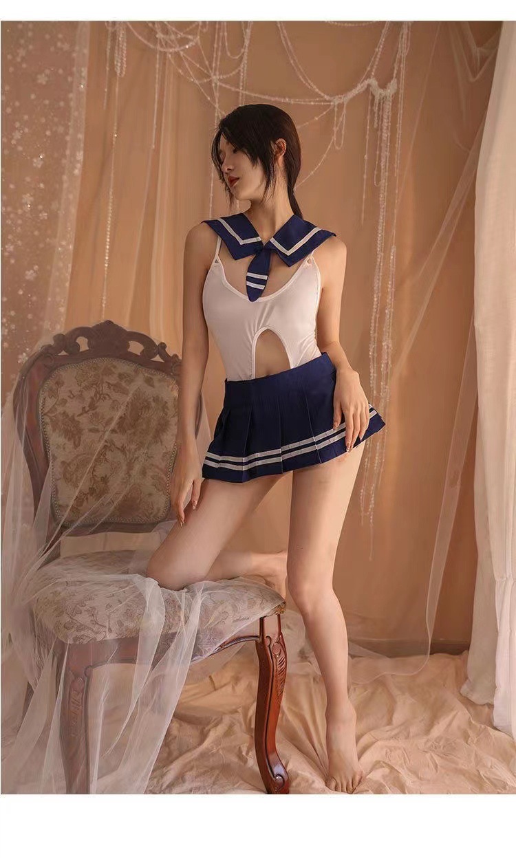 Campus-Style Open-Crotch Lingerie Set with Jumpsuit, Skirt, Tie and Student Socks — detail image 10