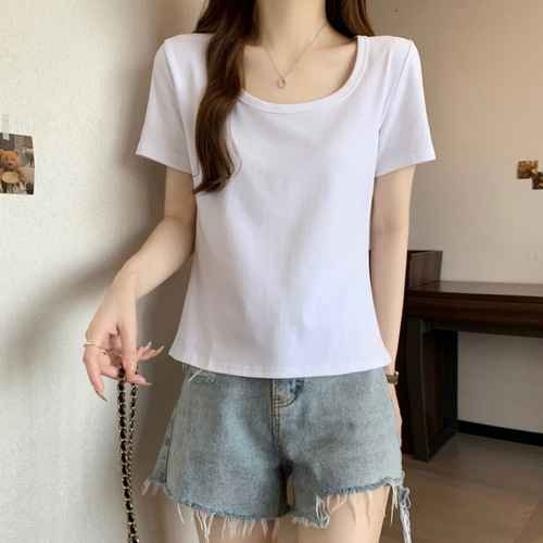Shoulder Short Sleeve T-Shirt Women Small Size Summer Pure Desire Style Sweet and Spicy Girl Big Neck Pure Color Slimming Top Wholesale 