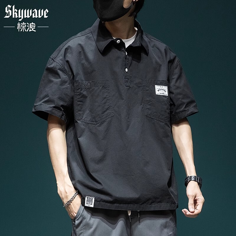 Japanese Style Cargo Short-sleeved Shirt Men's Summer New Loose plus size Polo Shirt Trendy Casual Men's Half-sleeved Top