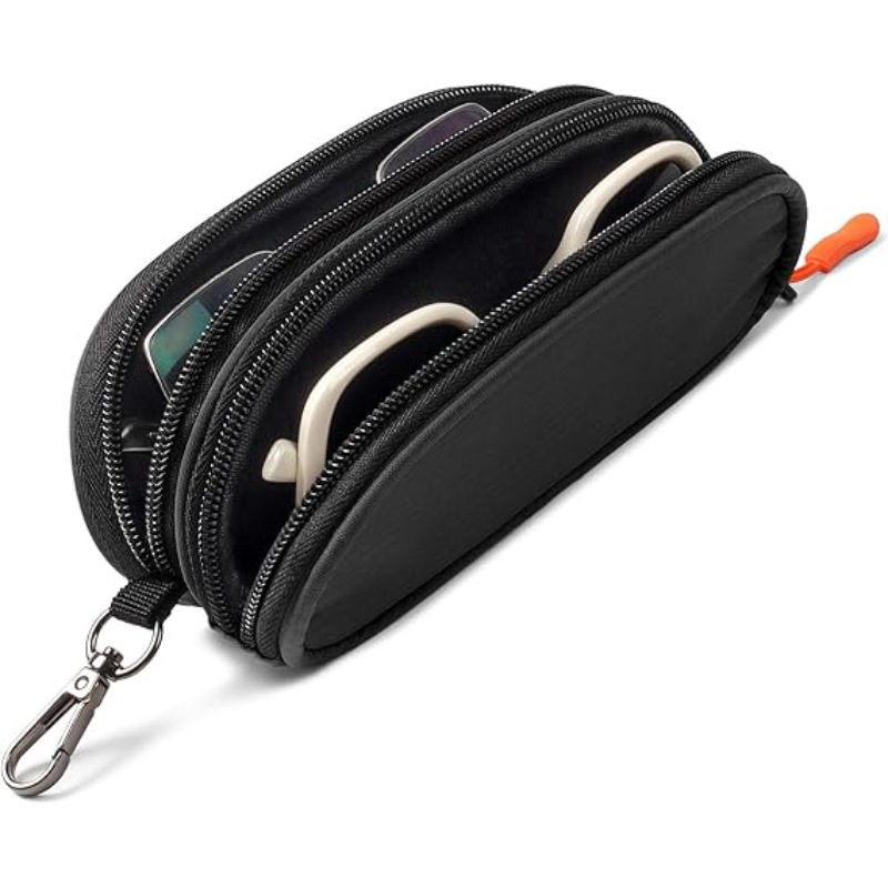 Double-layer glasses storage bag, portable zippered sunglasses bag with carabiner and key clip, storage bag for prescription glasses and sunglasses