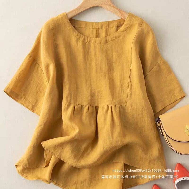 Summer new short-sleeve faux ramie shirt, doll shirt for women, mid-sleeve summer faux cotton-linen top, loose-fitting shirt, vintage style Summer new short-sleeve faux ramie shirt, doll shirt for women, mid-sleeve summer faux cotton-linen top, loose-fitting shirt, vintage style