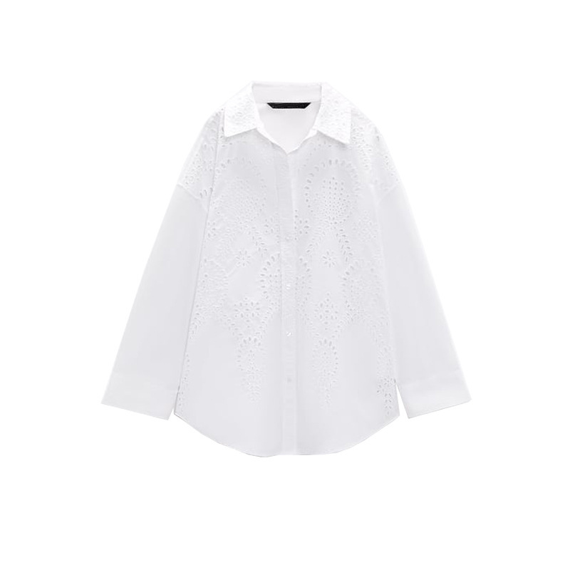 Long Sleeve Lapel Versatile Casual Top Hollow Embroidery Loose Shirt - Bild 5 von 5