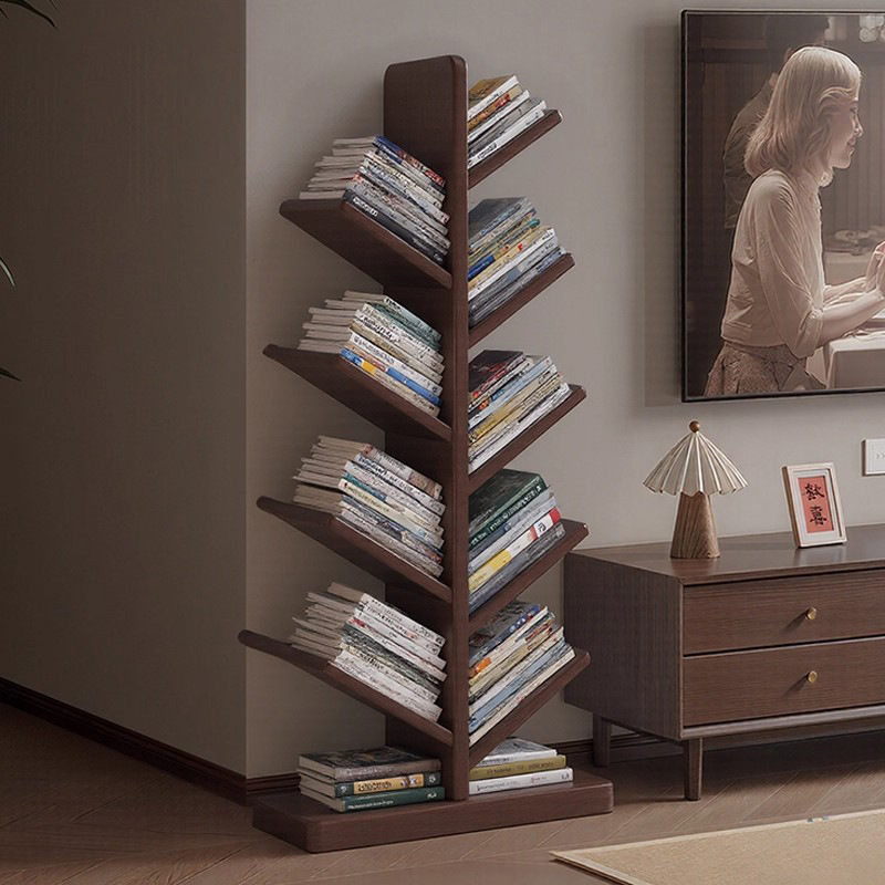 Estante de madera sólida en forma de árbol estantería de piso sala de estar integrada contra la pared esquina estante de esquina pequeño estante de libros