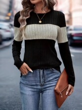 A 64191 Casual Color Block Ribbed T Shirt ƴɫ����T�� ��