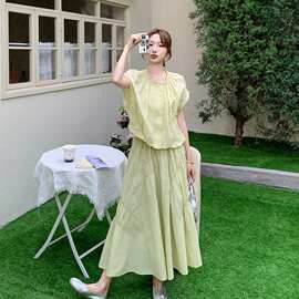 韩版设计感时尚套裙女2026夏宽松短袖衬衫长款大摆半身裙两件套