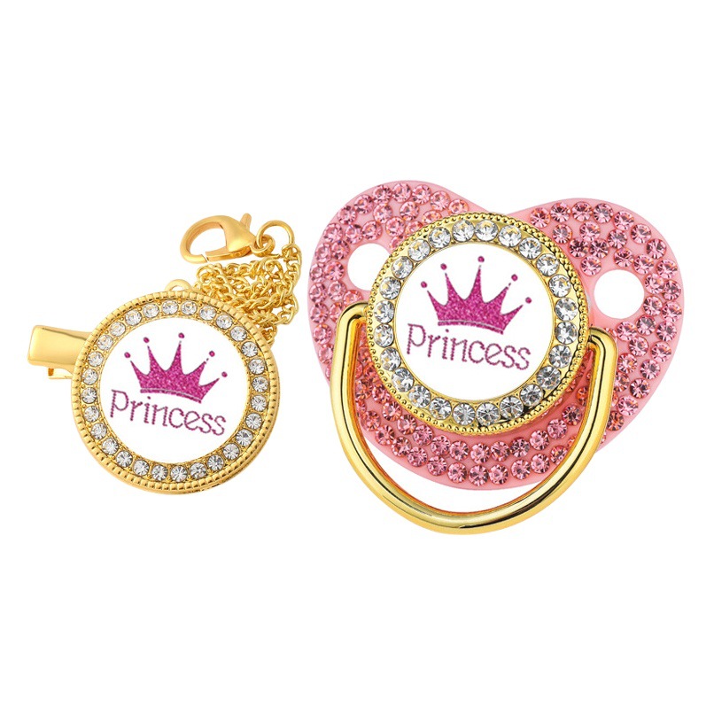 Nuevo Diamante Princesa/Príncipe Corona bebé chupete con clip de cadena 6m +
